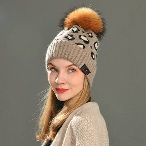 Noblag Unisex Beanies Wool Knitted Cheetah Print Raccoon Fur Pom